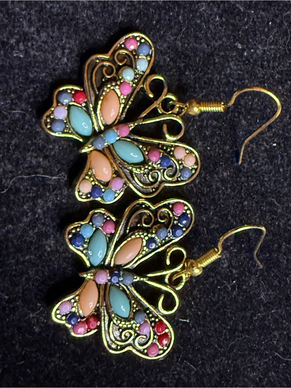Gold-Tone Multicolor Butterfly Drop Earrings — Pastel Enamel Accents